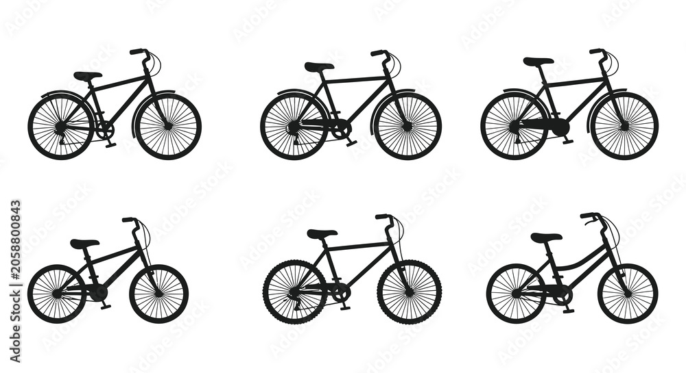 Obraz premium Bicycle Silhouettes In Various Poses Black And White Silhouette