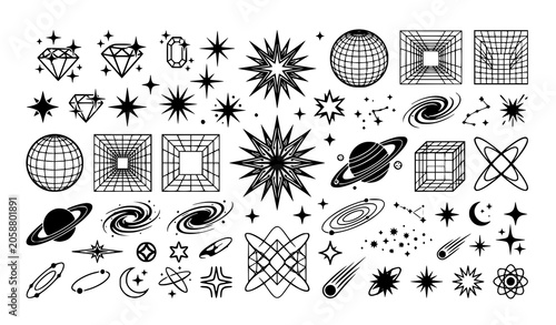 Konstfotografi Y2K retro bling vector illustration set with sparkles galaxies and cosmic shapes