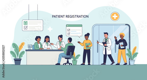 Schilderij op canvas Flat vector illustration of a hospital patient registration desk with medical staff and patients