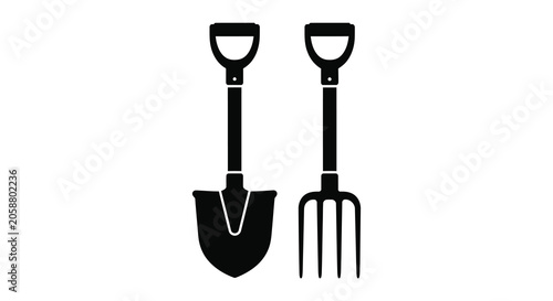 Obraz na płótnie Garden Tools Silhouette Featuring A Spade And A Fork Black Silhouette