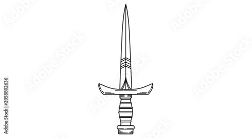 Black and white line art illustration of a sharp medieval dagger with a pointed steel blade and decorative hilt design.