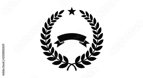 Black silhouette of a laurel wreath topped with a five pointed star and a blank ribbon banner displayed in the center.
