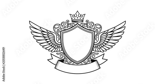 Intricate heraldic crest design featuring a central shield with majestic wings a crown and decorative scrollwork.
