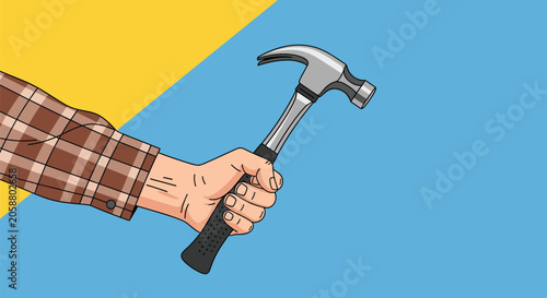 Close up illustration of a hand wearing a plaid shirt firmly gripping a steel claw hammer against a split background.