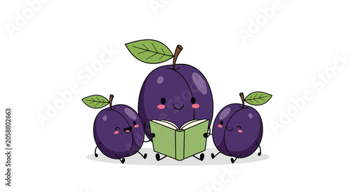 Adorable illustration of three purple plum characters with cute faces reading a green book together on the ground.