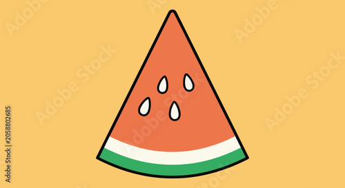 Flat design illustration of a triangular watermelon slice with red fruit white seeds and a green rind on yellow.