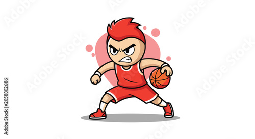 Determined male basketball player in a red uniform dribbling a brown ball with an intense expression on his face.