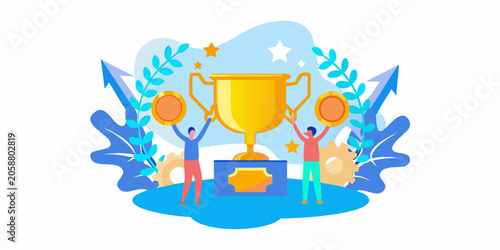 Φωτογραφία Isometric Illustration Of A Golden Trophy With Celebrating Figures