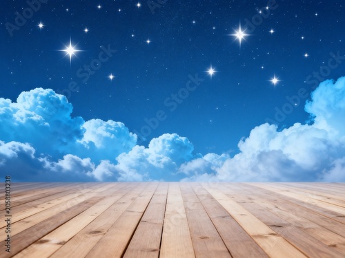 Wooden Deck Under Starry Night Sky with Clouds