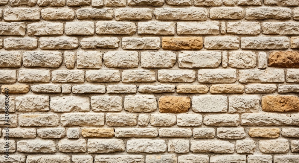 Fototapeta premium Rustic stone wall texture with natural beige and tan rectangular blocks for architectural backgrounds