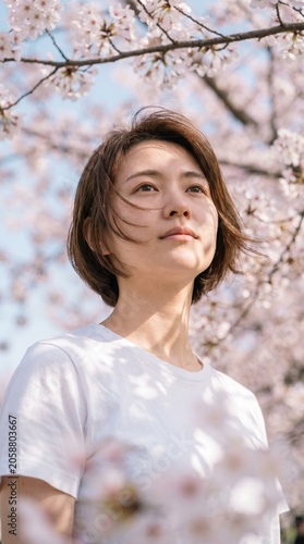 Young woman standing among blooming cherry blossom trees during a spring day