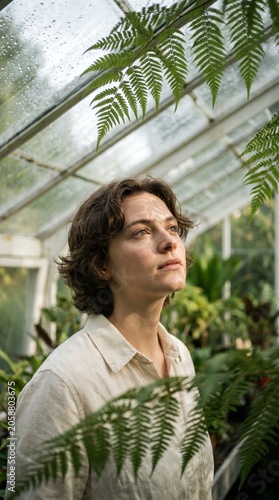 Young woman standing inside a botanical greenhouse surrounded by lush green fern plants