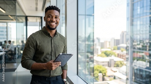 Smiling young black businessman holding tablet by office window confident male entrepreneur professional corporate worker successful manager portrait modern workspace commercial concept