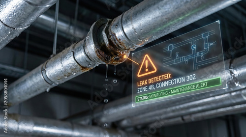 Leaking pipe with water drops and digital alert for preventive maintenance showing importance of early detection and repair to avoid damage and ensure safety in industrial settings