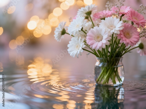 Floral Arrangement of White and Pink Daisies in Glass Vase
