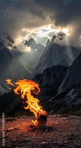 Fiery Flame Rising Against Majestic Mountain Peaks Under Dramatic Cloudy Sky.