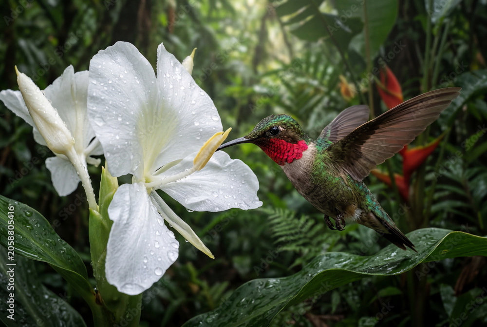Fototapeta premium Ruby throated hummingbird feeding on white ginger lily flower