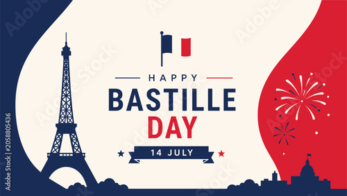 Happy bastille day celebrations with eiffel tower and french flag on july 14th