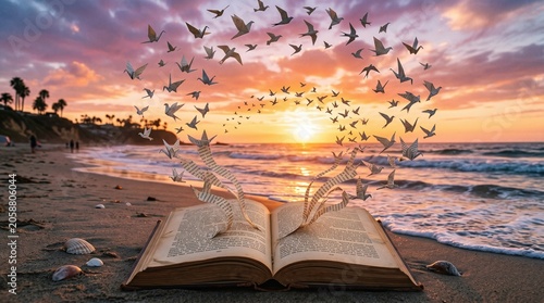 A Flock of Birds Flying Out of an Open Book at Sunset, Magical Literacy Concept