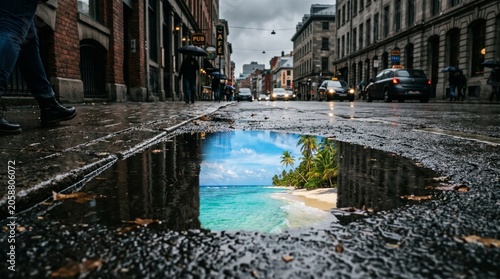Rainy City Street with a Stunning Reflection of a Tropical Beach in a Puddle