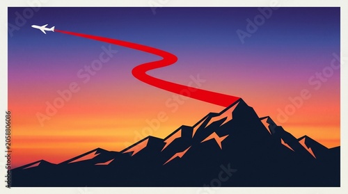 Minimalist Landscape Illustration of a Bright Red River Flowing Over Mountains at Sunset