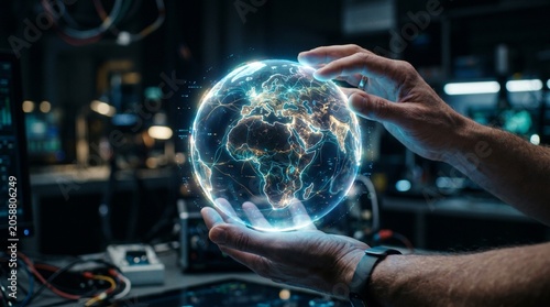 Digital 3D Holographic Earth Globe in Human Hands, Concept of Global Connection, Network Technology and Futuristic Communication