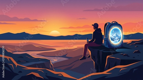 Person sitting and watching a beautiful sunset over a scenic landscape, nature, peace, inspiration, mindfulness, future, vision, travel