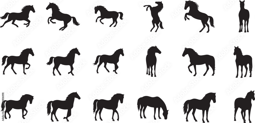 Obraz premium Black horse silhouettes, running horses, equine icons, vector graphics