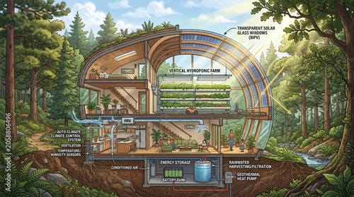 Detailed cross-section diagram of a modern vertical greenhouse, urban farming concept, sustainable agriculture, smart gardening, eco-friendly architecture