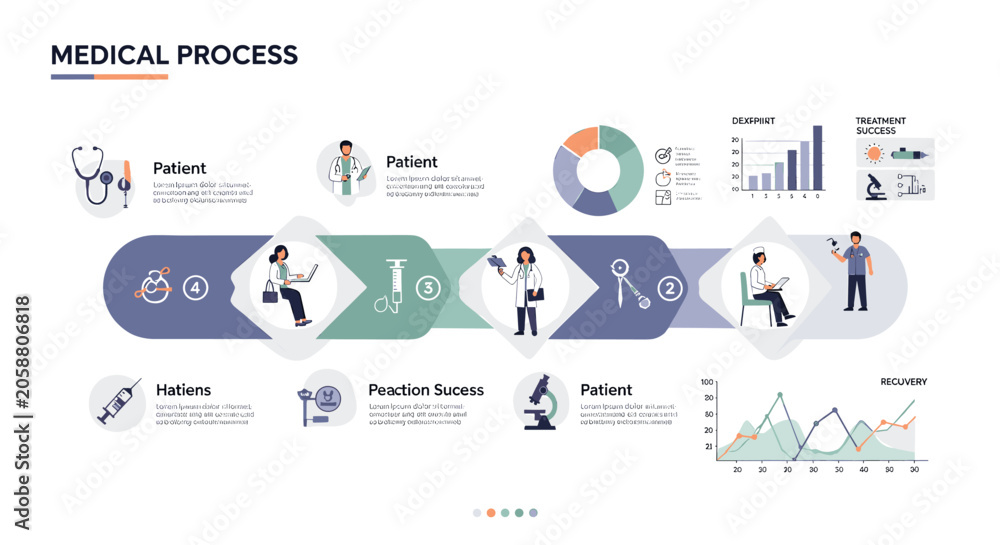 Obraz premium Infographic showing a medical process flow with doctors, patients, charts, and healthcare icons.