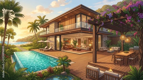 Modern luxury villa with large windows and mountain view, indoor-outdoor living, serene environment, architectural design, high-end residence