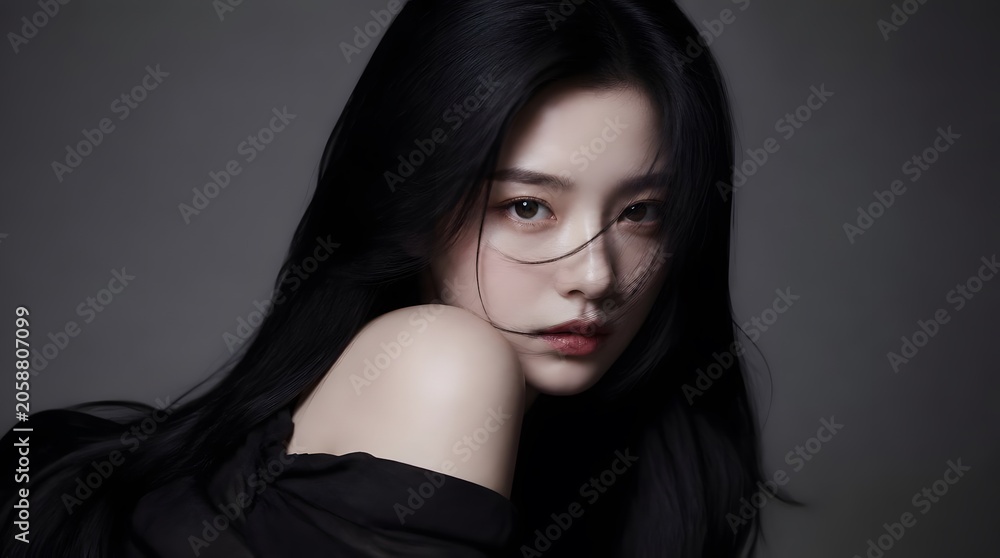 Fototapeta premium Editorial Beauty Portrait Young Woman Black Hair Soft Lighting Glamorous Makeup Delicate