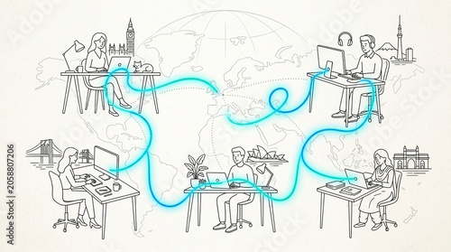Concept sketch of global digital nomad connectivity, remote work collaboration, connecting people across the world, simple doodle illustration