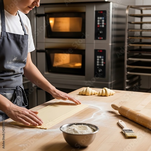 Baker preparing dough on a wooden table with ingredients and equipment.