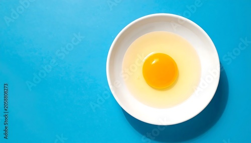 Raw Egg Yolk Centered in White Bowl on Bright Blue Background
