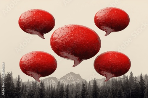 Red speech bubbles floating over mountain forest landscape