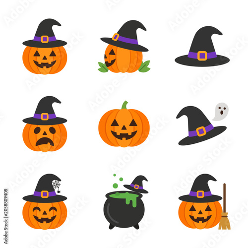 Set of Halloween Vector Icons Featuring Spooky Jack O Lantern Pumpkins Wearing Witch Hats and Magical Cauldrons for Holiday Decorations