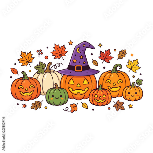 Halloween pumpkin arch frame with autumn leaves and carved jack o lanterns for holiday design on white background