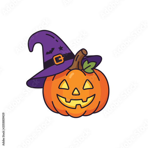 Cute Halloween Jack-o'-lantern Pumpkin wearing a Purple Witch Hat Vector Illustration on White Background