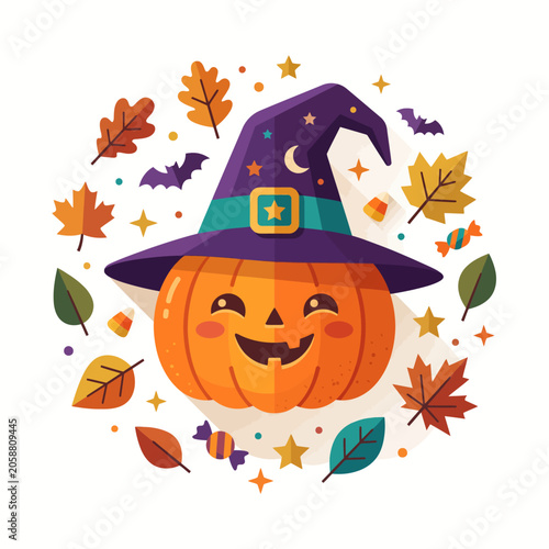 Festive Halloween Illustration Featuring a Smiling Jack O Lantern Pumpkin Wearing a Magical Witch Hat Surrounded by Autumn Leaves and Seasonal Candy