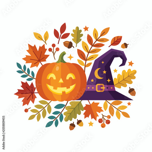 Charming Halloween pumpkin and witch hat illustration surrounded by vibrant autumn leaves, acorns, and berries, perfect for festive fall designs and seasonal celebrations