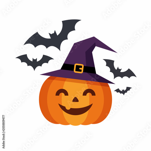 Festive and friendly Halloween pumpkin illustration, adorned with a classic witch's hat and surrounded by playful bats, perfect for seasonal celebrations and spooky-cute designs