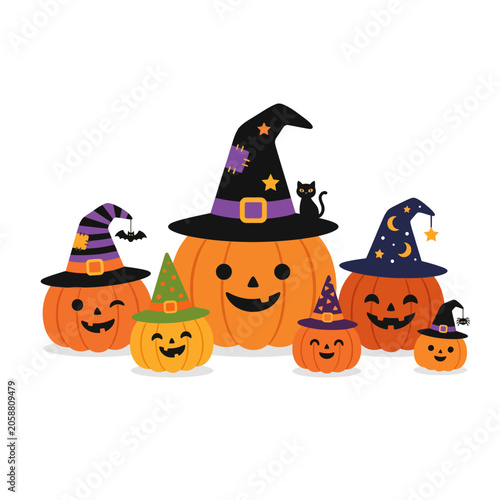 Whimsical Halloween Pumpkin Family Illustration with Enchanting Witch Hats and Smiling Faces - Perfect for Festive Holiday Designs and Celebrations