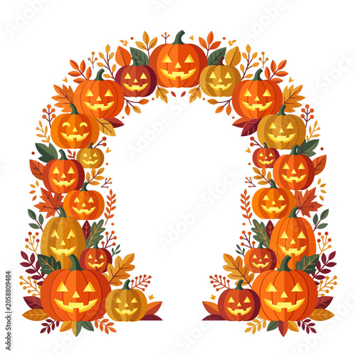 Decorative Halloween Pumpkin Arch Border with Autumn Leaves and Spooky Jack O Lantern Faces for Seasonal Celebration Designs