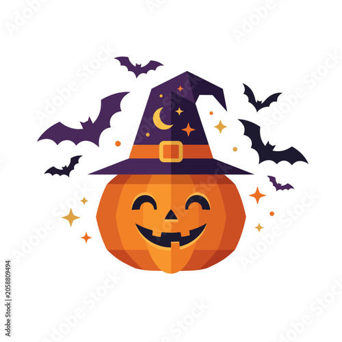 Cute Halloween ghost popping out of a carved Jack o lantern pumpkin illustration