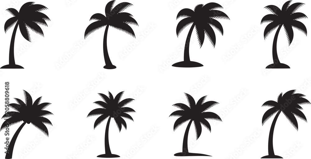Fototapeta premium Collection of eight unique palm tree silhouettes featuring different frond shapes and tropical coastal styles.