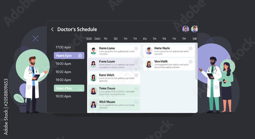 Schilderij op canvas Digital interface showing a doctor's appointment schedule with medical professionals and patient list