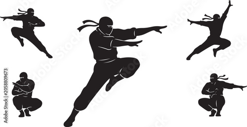 Foto Collection of five agile ninja warriors in dynamic action poses, embodying martial arts prowess