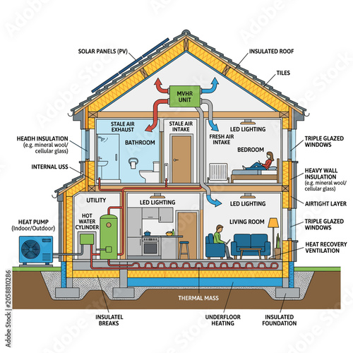 Diagram of a modern eco-friendly house energy systems