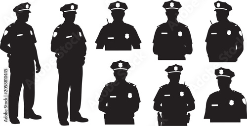 Obraz na plátně Collection of police officer silhouettes in uniform isolated on checkered background vector illustration
